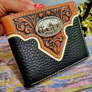 Praying Cowboy Mens wallet Western GENUINE LEATHER Short Bifold handtooled Black